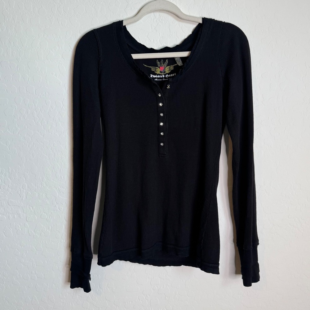 Y2K Twisted Heart Black Waffle Knit Henley Thermal Rhinestone Wing Heart S